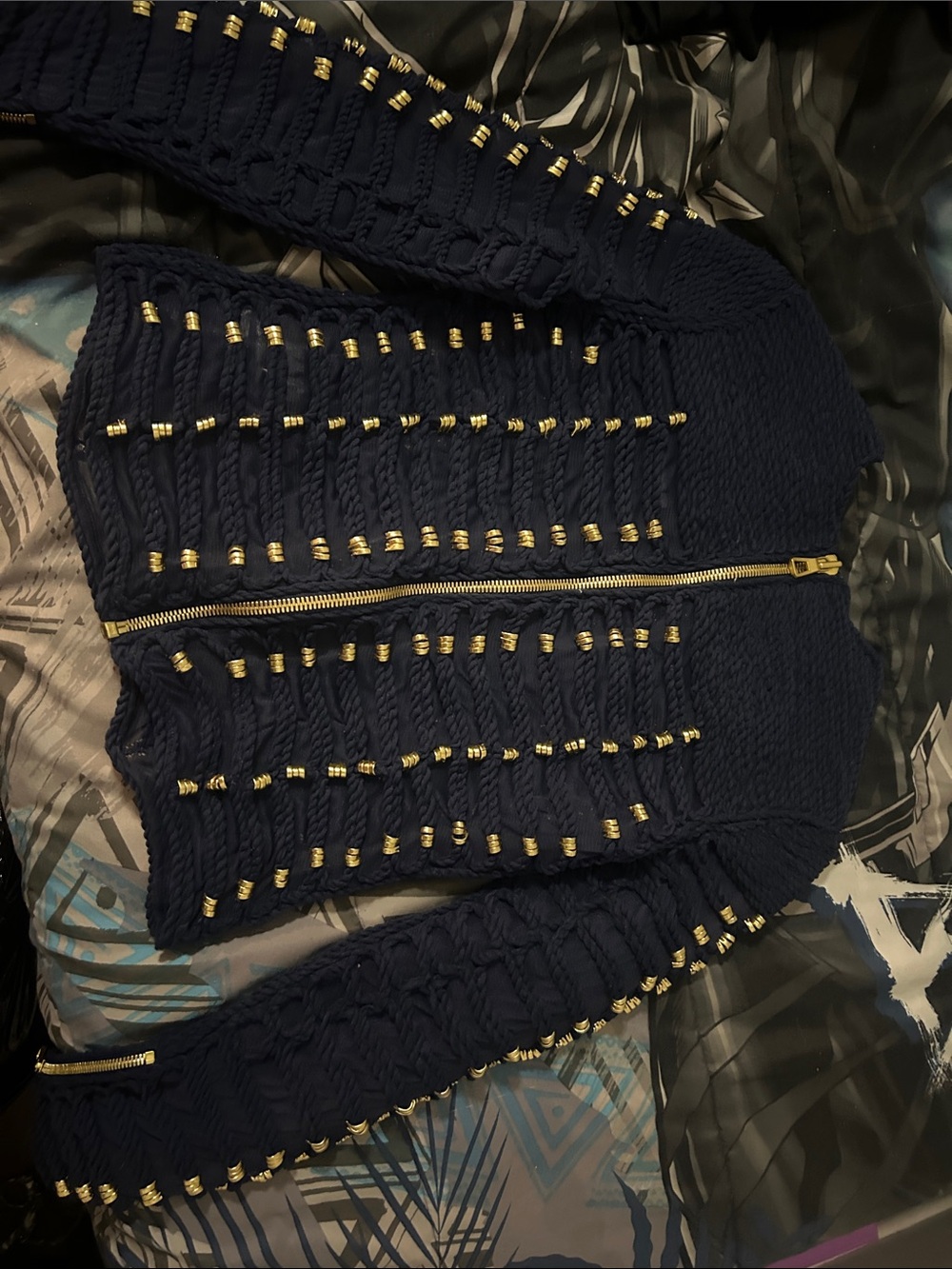Balmain Navy Blue Cable Knit Sweater with Gold Stud Detailing - Picture 2 of 2